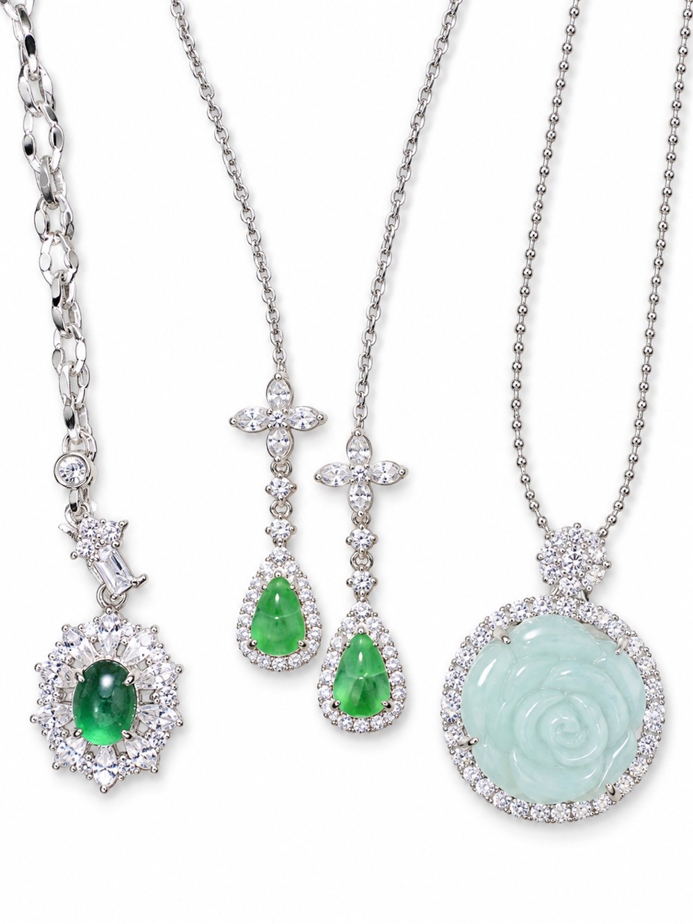 Silver-Tone Green and Light Blue Pendant Necklace Set
